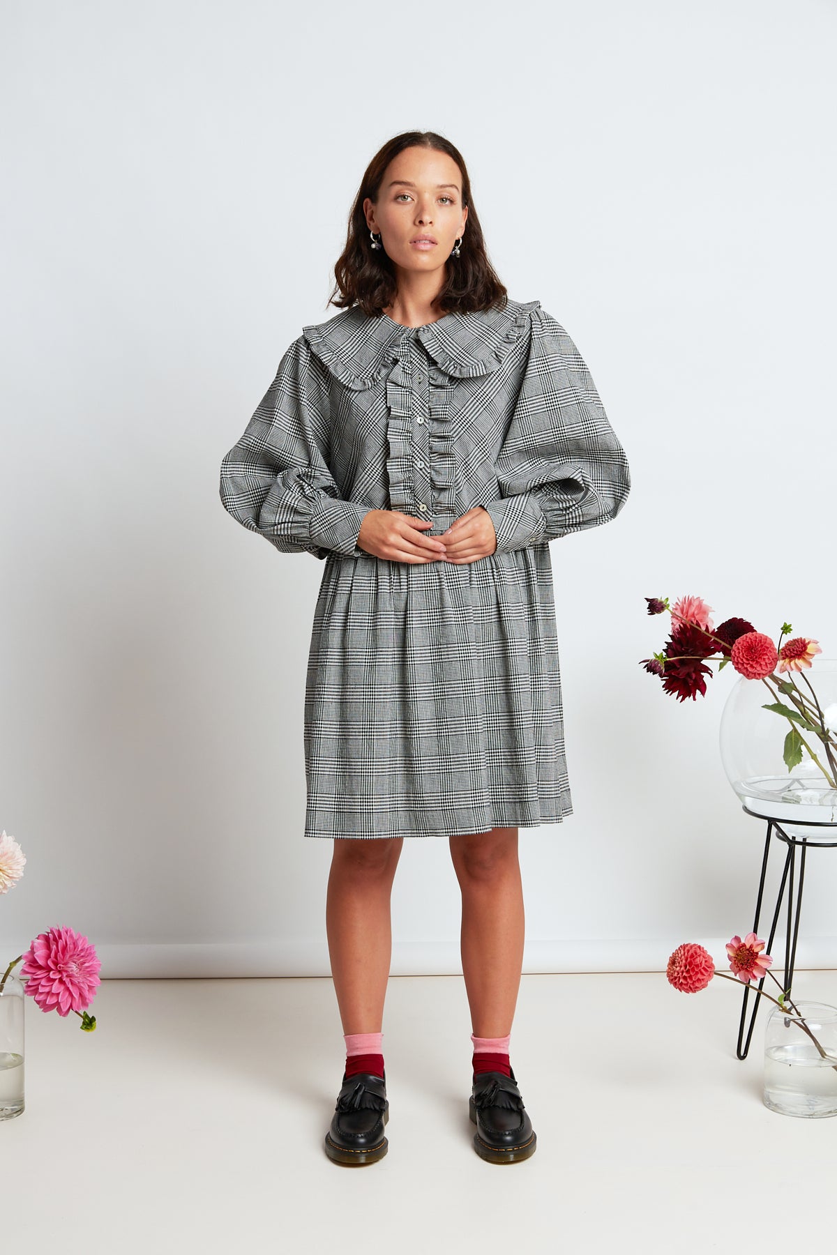 Wednesday dress by twenty-seven names. Long sleeved dress with a gathered knee-length skirt, exaggerated gathered sleeve and frilled collar.