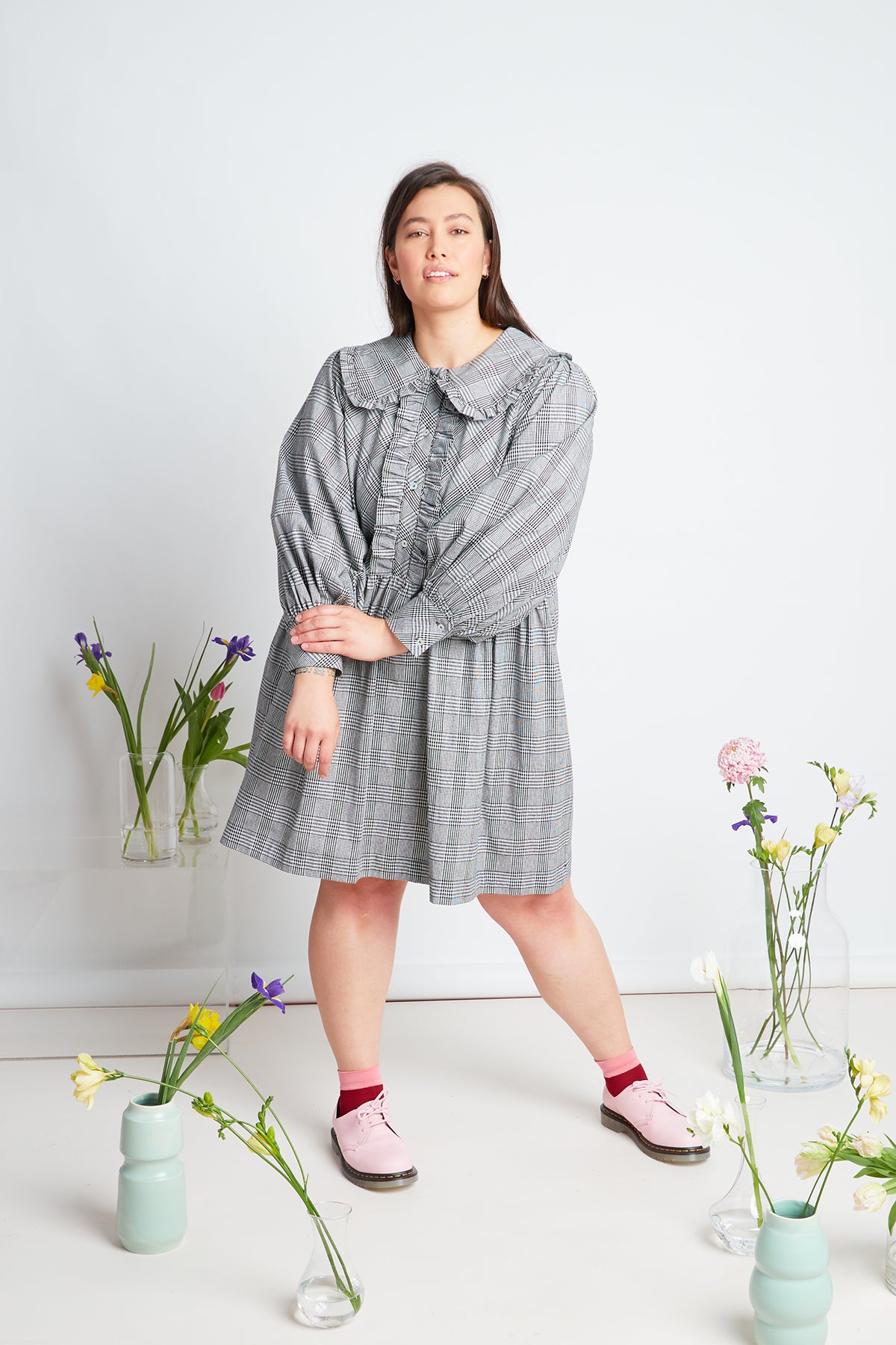 Wednesday dress by twenty-seven names. Long sleeved dress with a gathered knee-length skirt, exaggerated gathered sleeve and frilled collar.