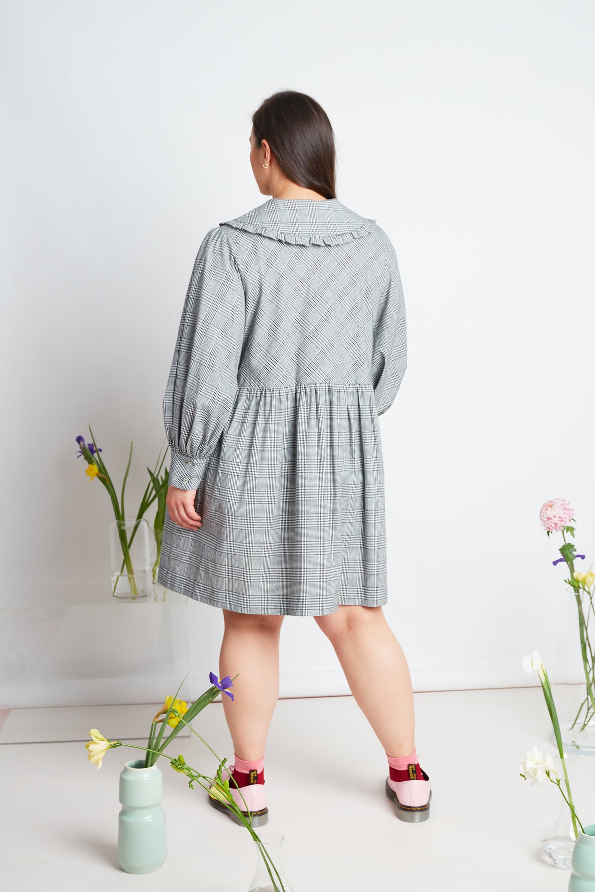 Wednesday dress by twenty-seven names. Long sleeved dress with a gathered knee-length skirt, exaggerated gathered sleeve and frilled collar.