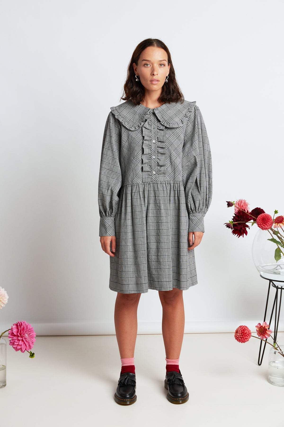 Wednesday dress by twenty-seven names. Long sleeved dress with a gathered knee-length skirt, exaggerated gathered sleeve and frilled collar.