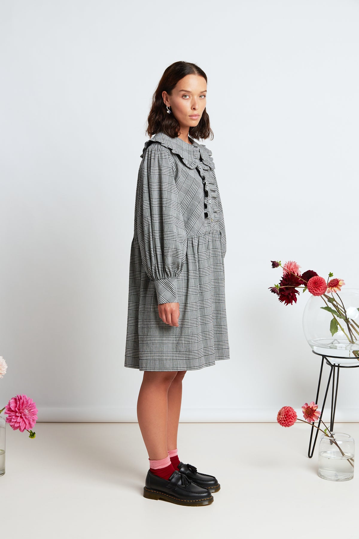 Wednesday dress by twenty-seven names. Long sleeved dress with a gathered knee-length skirt, exaggerated gathered sleeve and frilled collar.