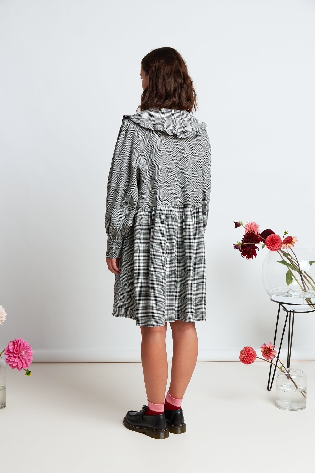 Wednesday dress by twenty-seven names. Long sleeved dress with a gathered knee-length skirt, exaggerated gathered sleeve and frilled collar.